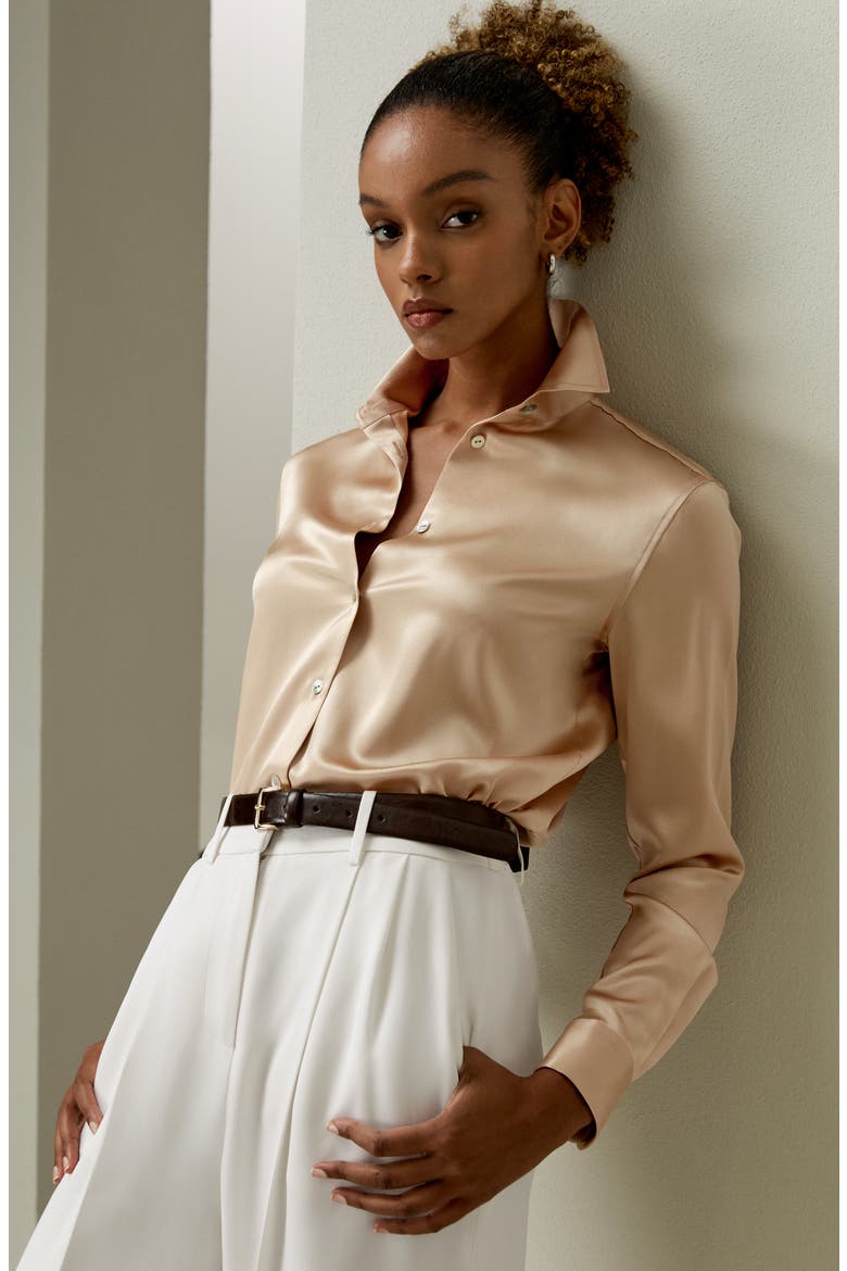 Women's Spread Collar Silk Shirt, Alternate, color, Light Camel