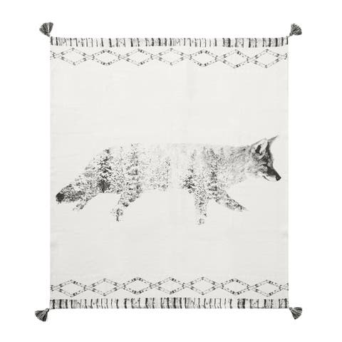 Fox in Forest Grayscale Printed 100% Cotton Throw Blanket w/ Tassels 50" x 60"