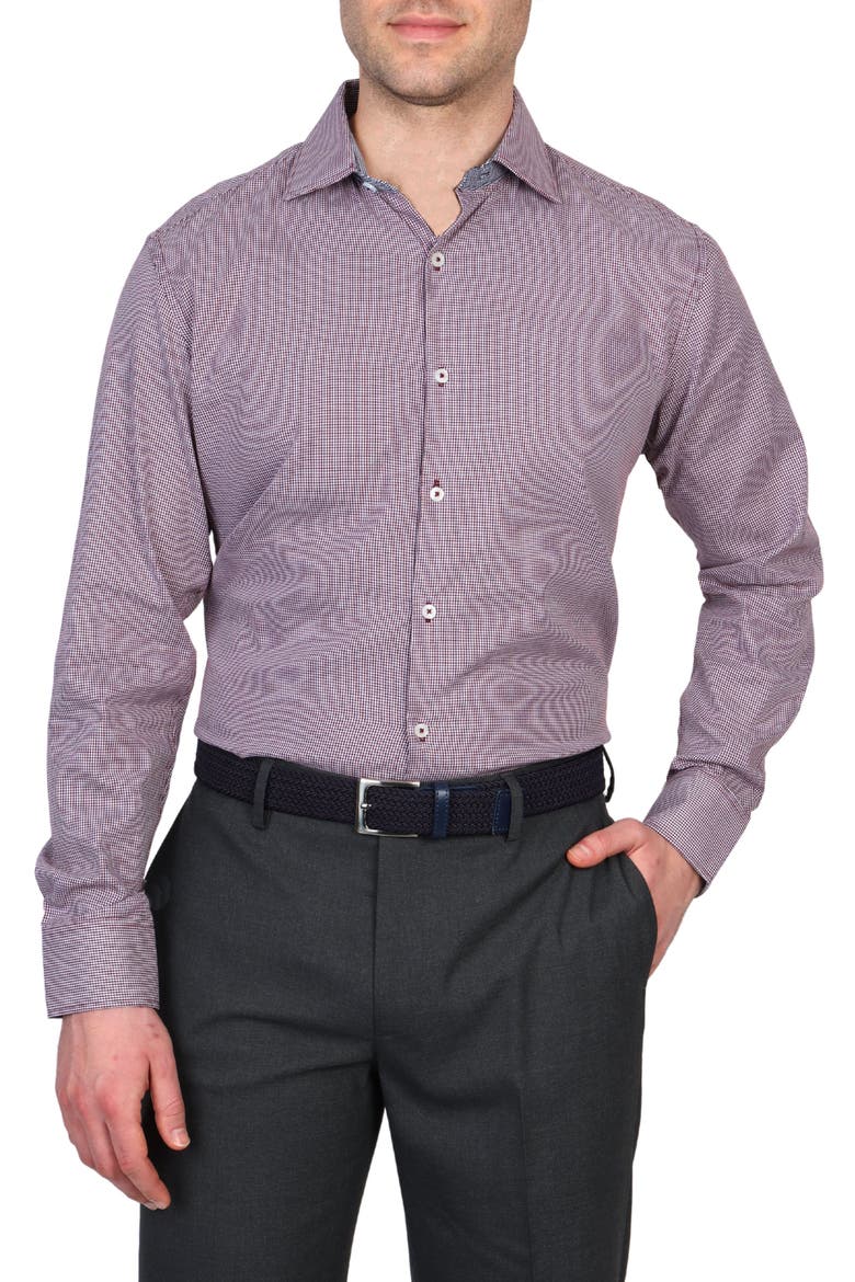 Trim Fit Dobby Mini Gingham Non-Iron Stretch Dress Shirt, Main, color, BURGUNDY