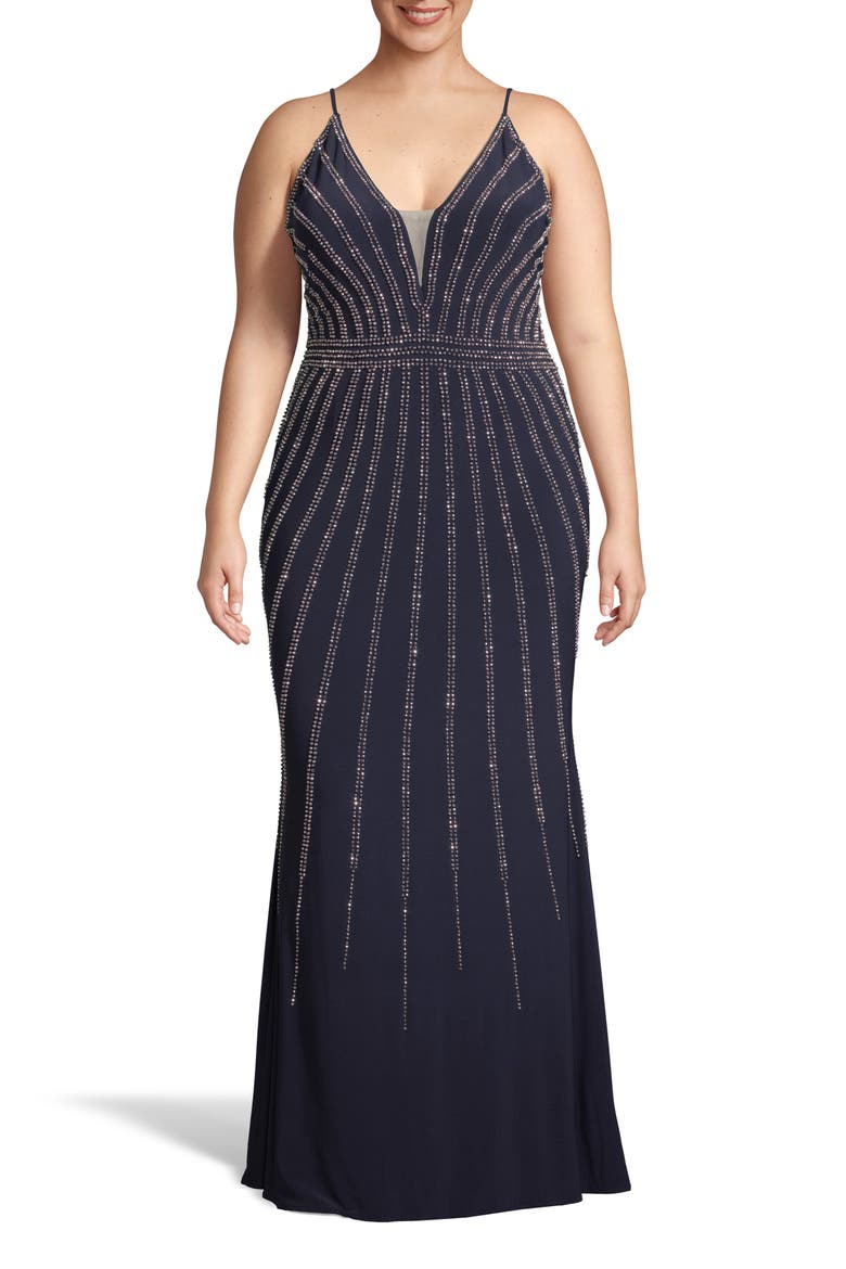 Xscape Beaded Trumpet Gown, Main, color, NAVY/ ROSE