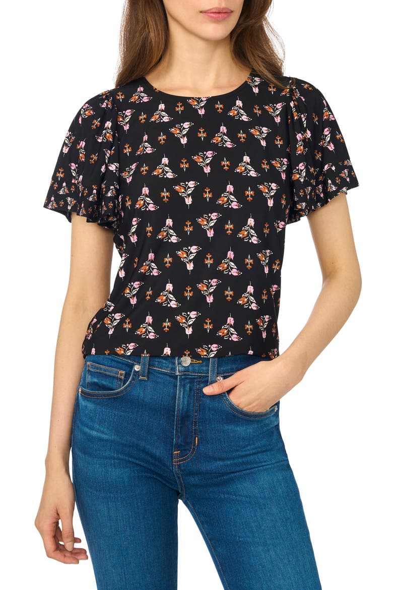 Shirred Flutter Sleeve T-Shirt, Main, color, RICH BLACK