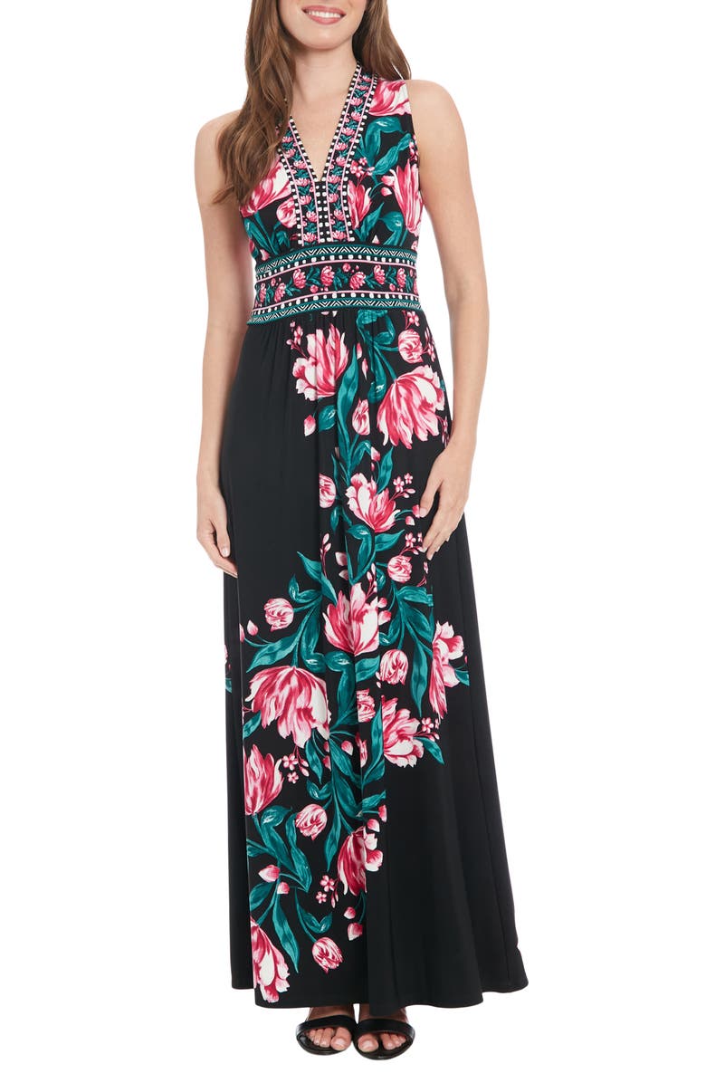 London Times Floral Sleeveless Jersey Maxi Dress, Main, color,