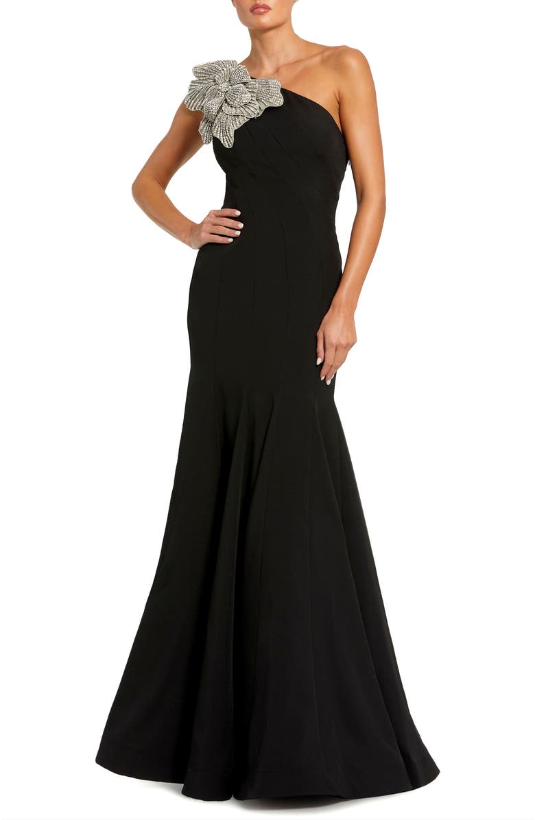 Mac Duggal Women's Crepe One Shoulder Gown With Flower Detail, Main, color, Black