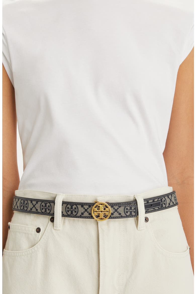 Miller T Monogram Jacquard & Leather Belt, Alternate, color, TORY NAVY