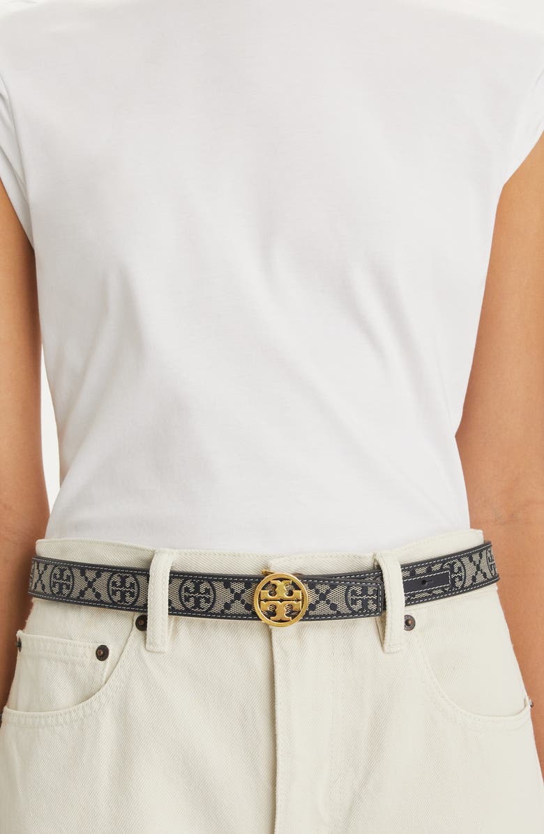 Tory Burch Miller T Monogram Jacquard & Leather Belt, Alternate, color, Tory Navy