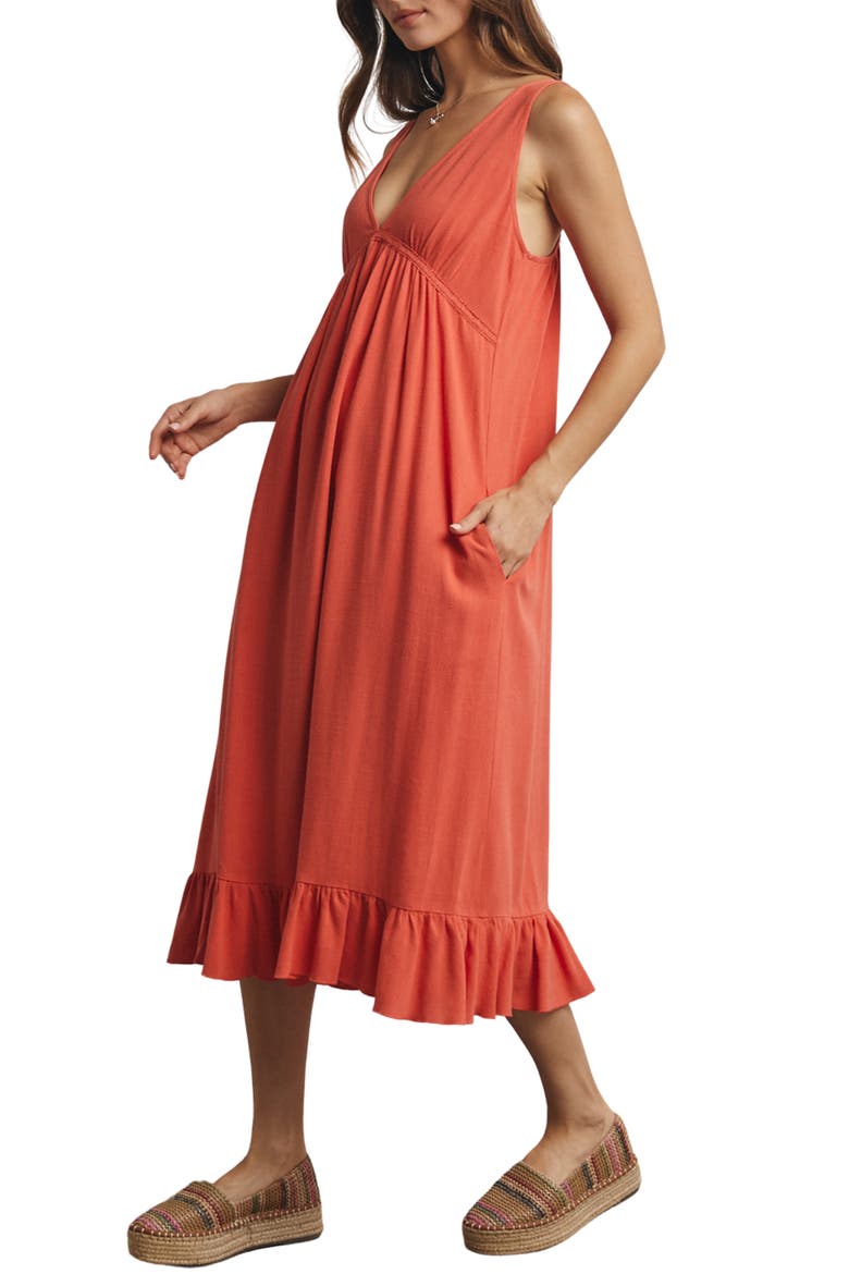 Ruffle Trim Midi Dress, Alternate, color, POPPY