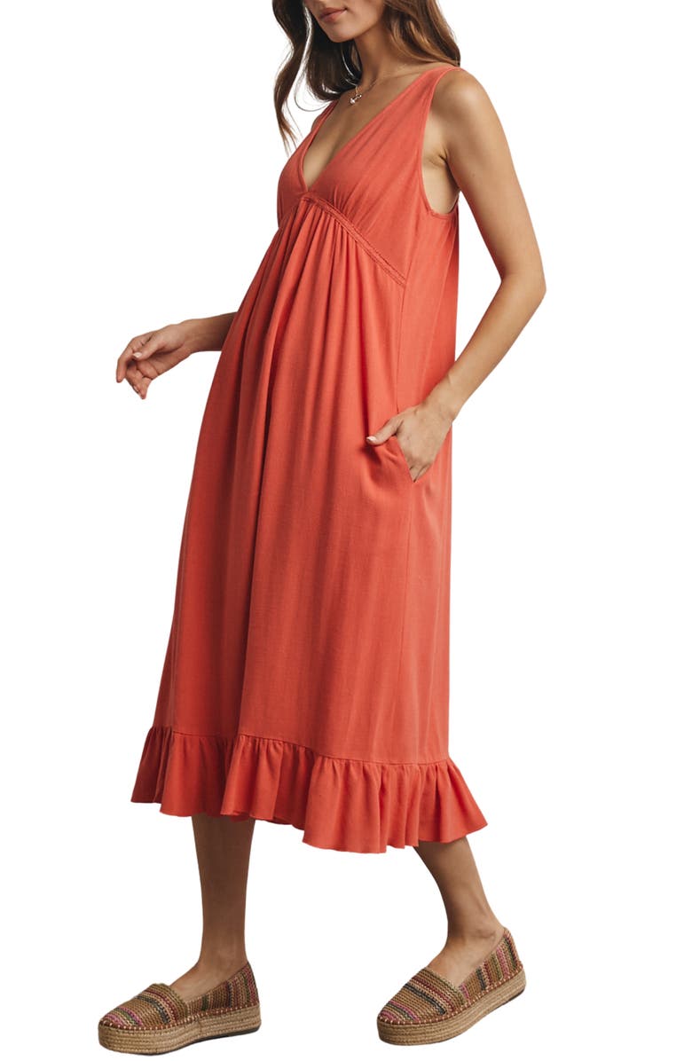WISHLIST Ruffle Trim Midi Dress, Alternate, color, Poppy