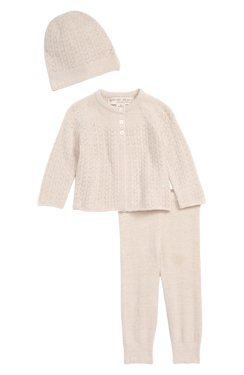 Barefoot Dreams<sup>®</sup> CozyChic<sup>™</sup> Ultra Lite Pointelle Cardigan, Pants & Beanie Set, Main, color,