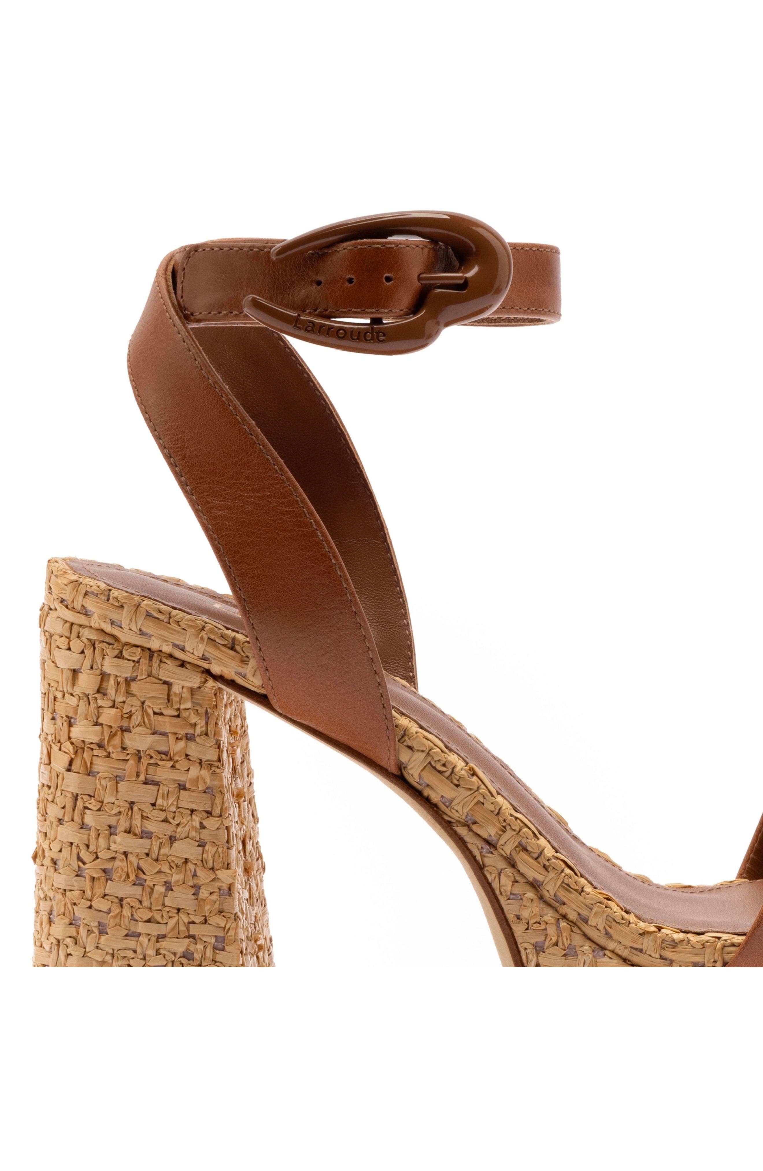 Larroudé Dolly Verona Sandal, Alternate, color, Caramel Leather And Raffia