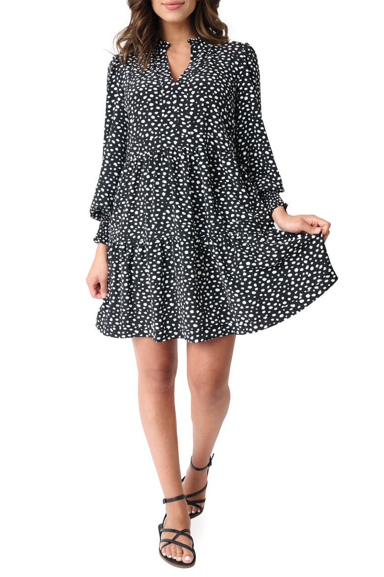 Printed Tiered Long Sleeve Dress, Main, color, BLACK OFF WHITE DOT