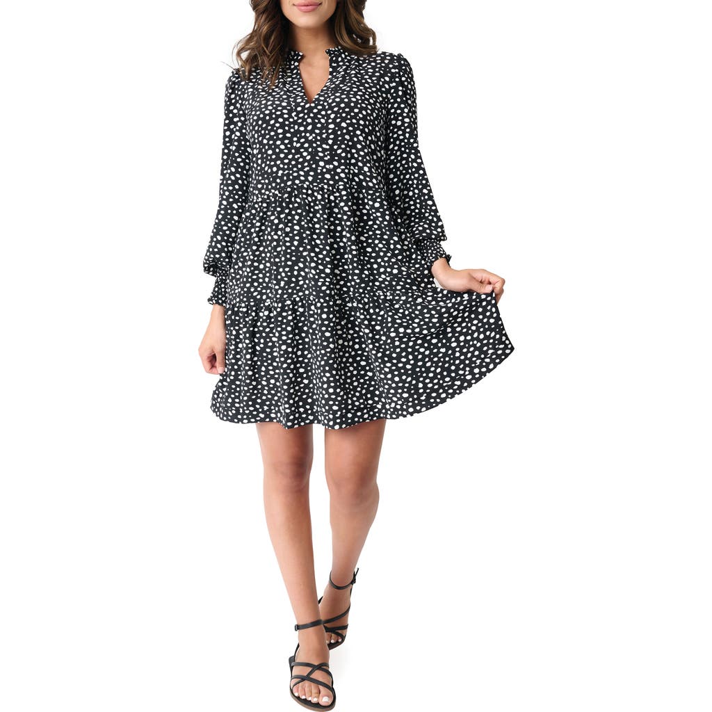 Gibsonlook Printed Tiered Long Sleeve Dress In Black