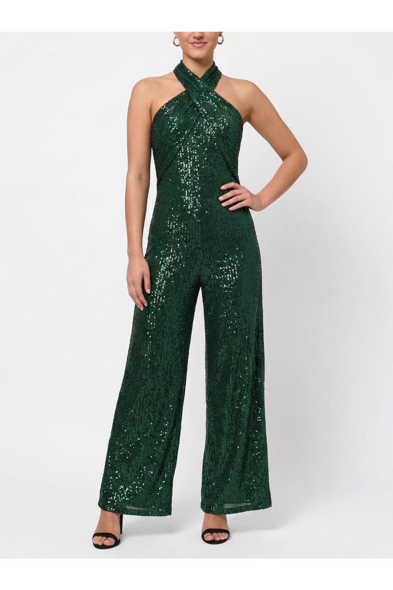 Goddess Sleeveless Sequin Jumpsuit, Main, color, Green Pasture