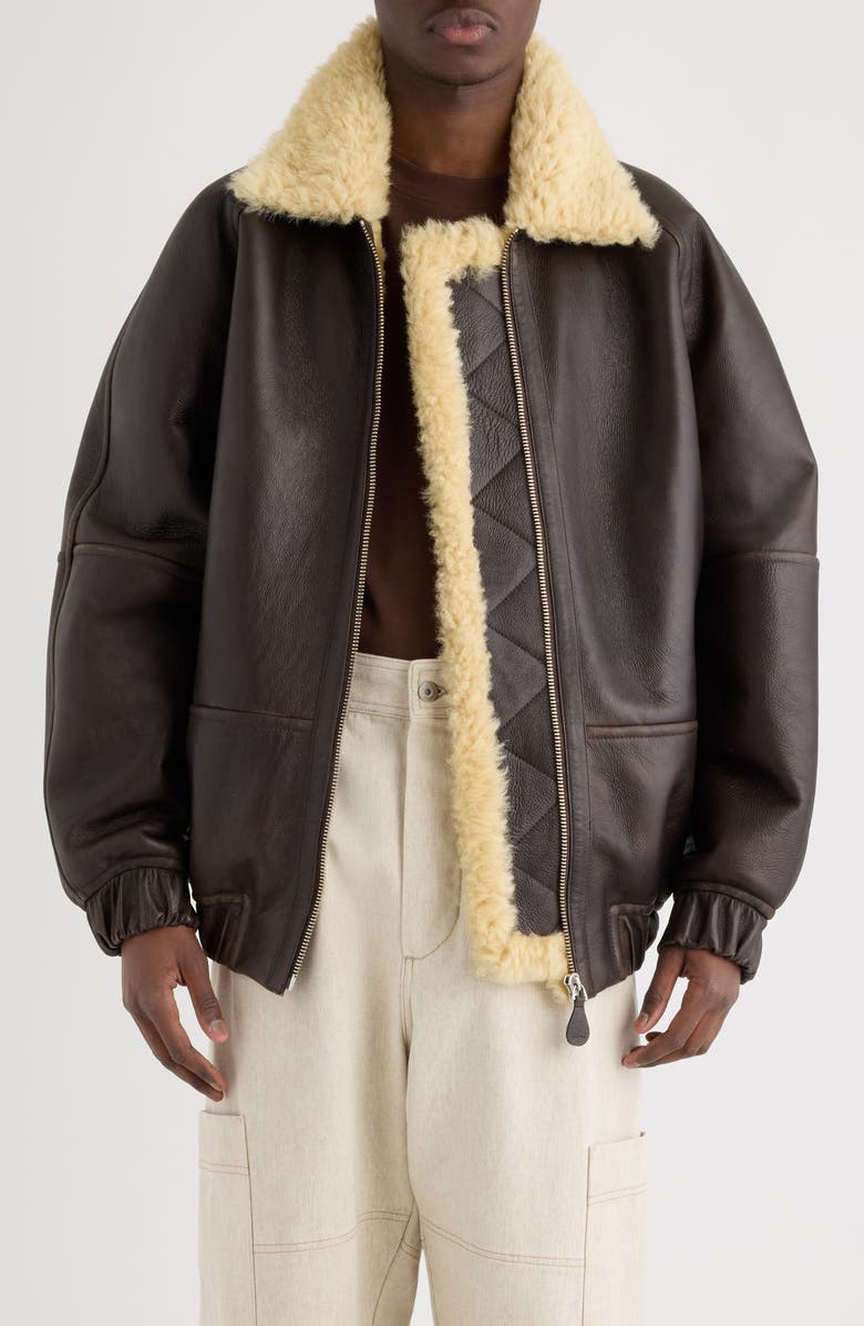 Jacquemus Le Bombardier Lambskin Leather & Genuine Shearling Aviator Jacket, Main, color, Dark Brown