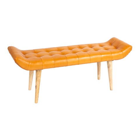 Wood and Goat Leather Bench, Camel