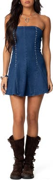 EDIKTED Fara Studded Strapless Godet Denim Minidress