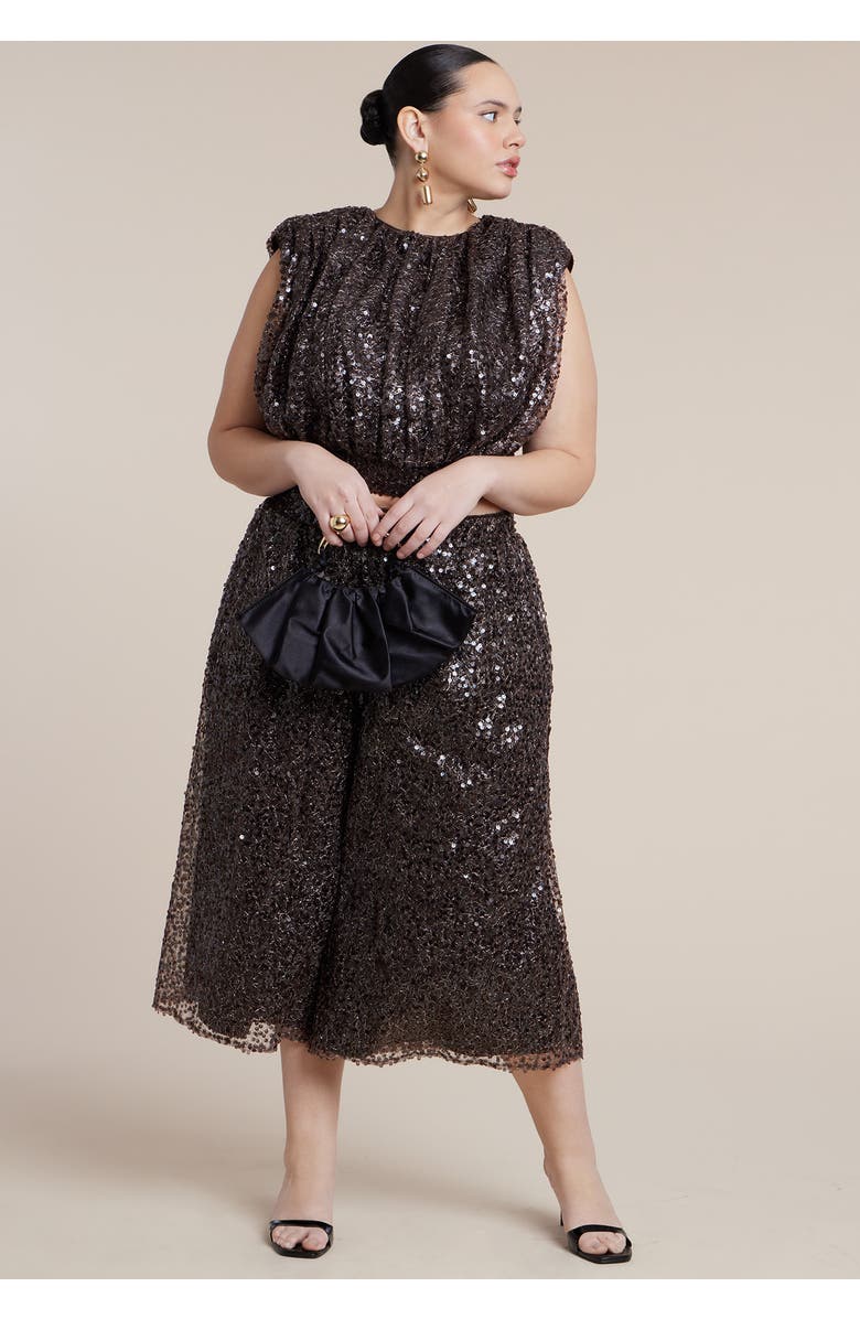 ELOQUII Sequin Strong Shoulder Top, Alternate, color, Dark Brown