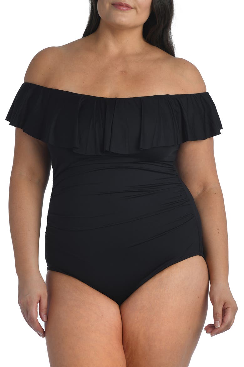 Off the Shoulder One-Piece Swimsuit, Main, color, BLACK