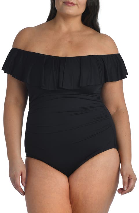 Off the Shoulder One-Piece Swimsuit (Plus Size)