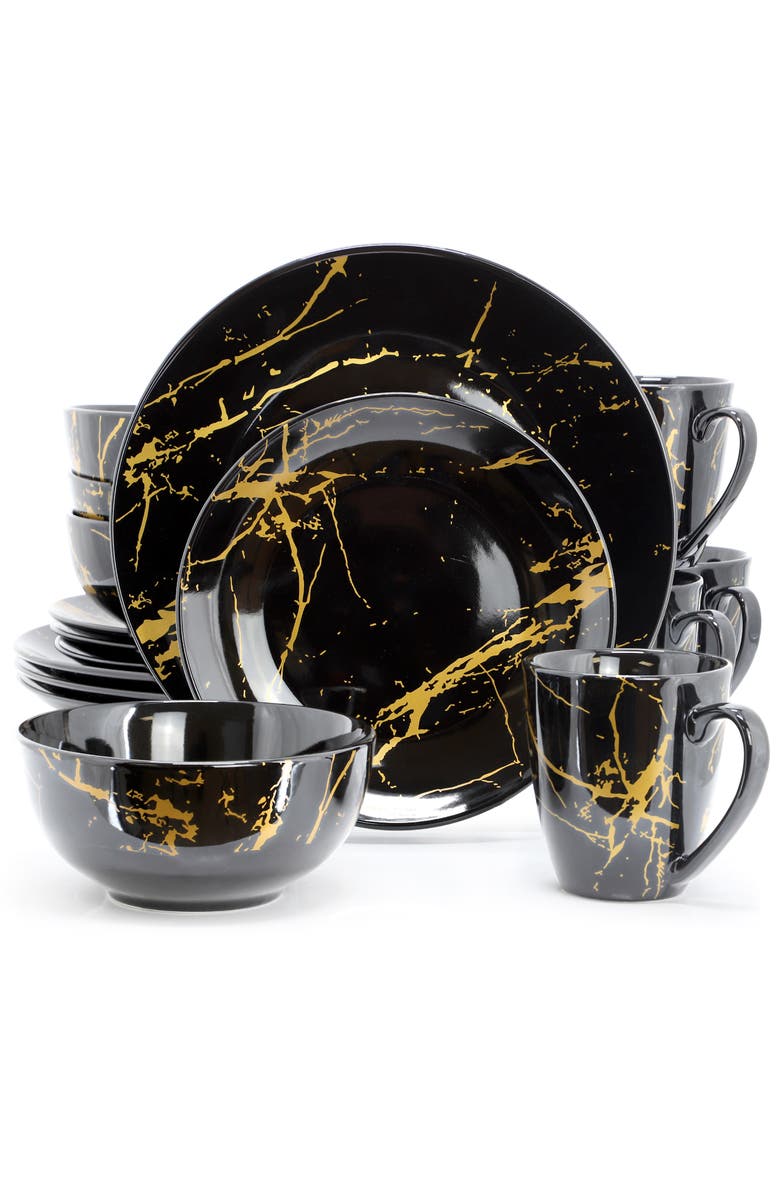 Elama Fine Marble 16 Piece Porcelain Dinnerware Set, Alternate, color, Black