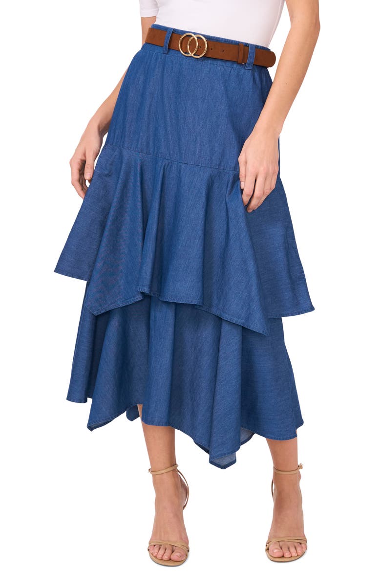 Tiered Denim Midi Skirt with Brown Golden Buckle Belt, Main, color, MID INDIGO