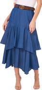 CeCe Tiered Denim Midi Skirt with Brown Golden Buckle Belt