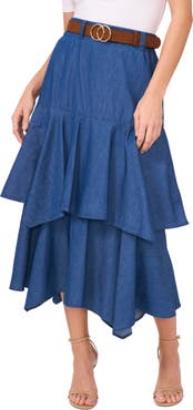 CeCe Tiered Denim Midi Skirt with Brown Golden Buckle Belt