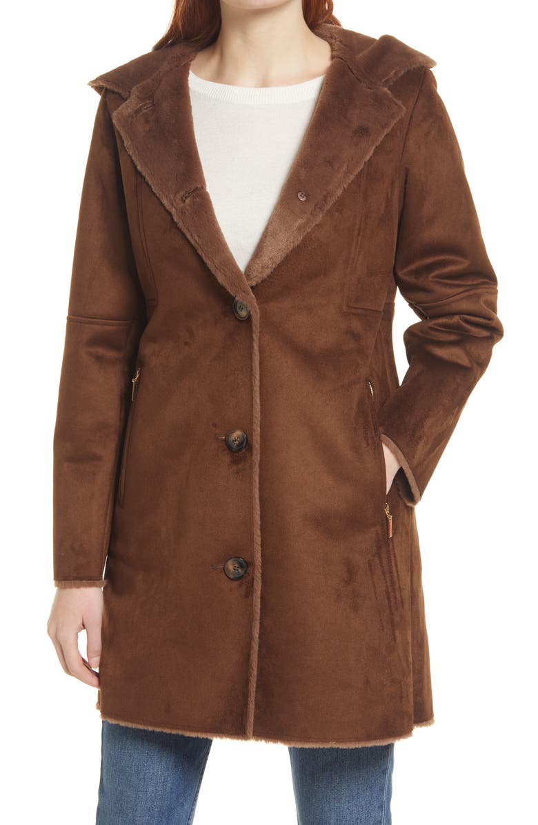 Gallery Hooded Faux Suede & Faux Shearling A-Line Coat, Alternate, color, Brown
