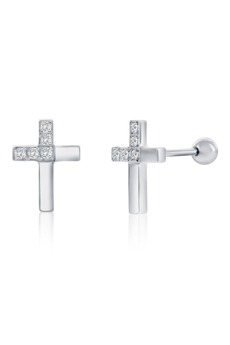 Men's Cubic Zirconia Cross Stud Earrings, Main, color, SILVER