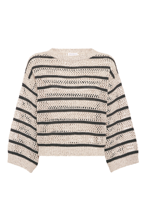 Brunello Cucinelli Micro Sequined Linen French Riveria Stripe Sweater In Light Grey