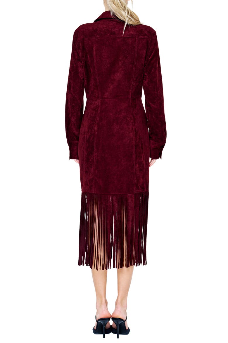 Jimena Fringe Long Sleeve Faux Suede Midi Dress, Alternate, color, WINE