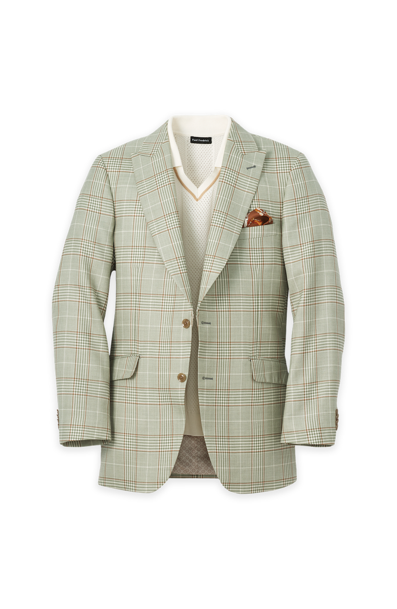 Paul Fredrick Plaid Wool Blend Single Breasted Peak Lapel Sport Coat, Main, color, Green
