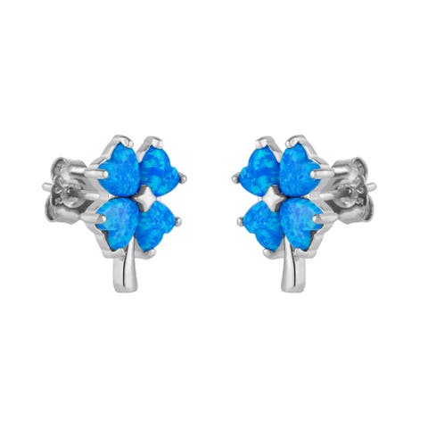 Blue Opal Four Leaves Clover Sterling Silver Stud Earring