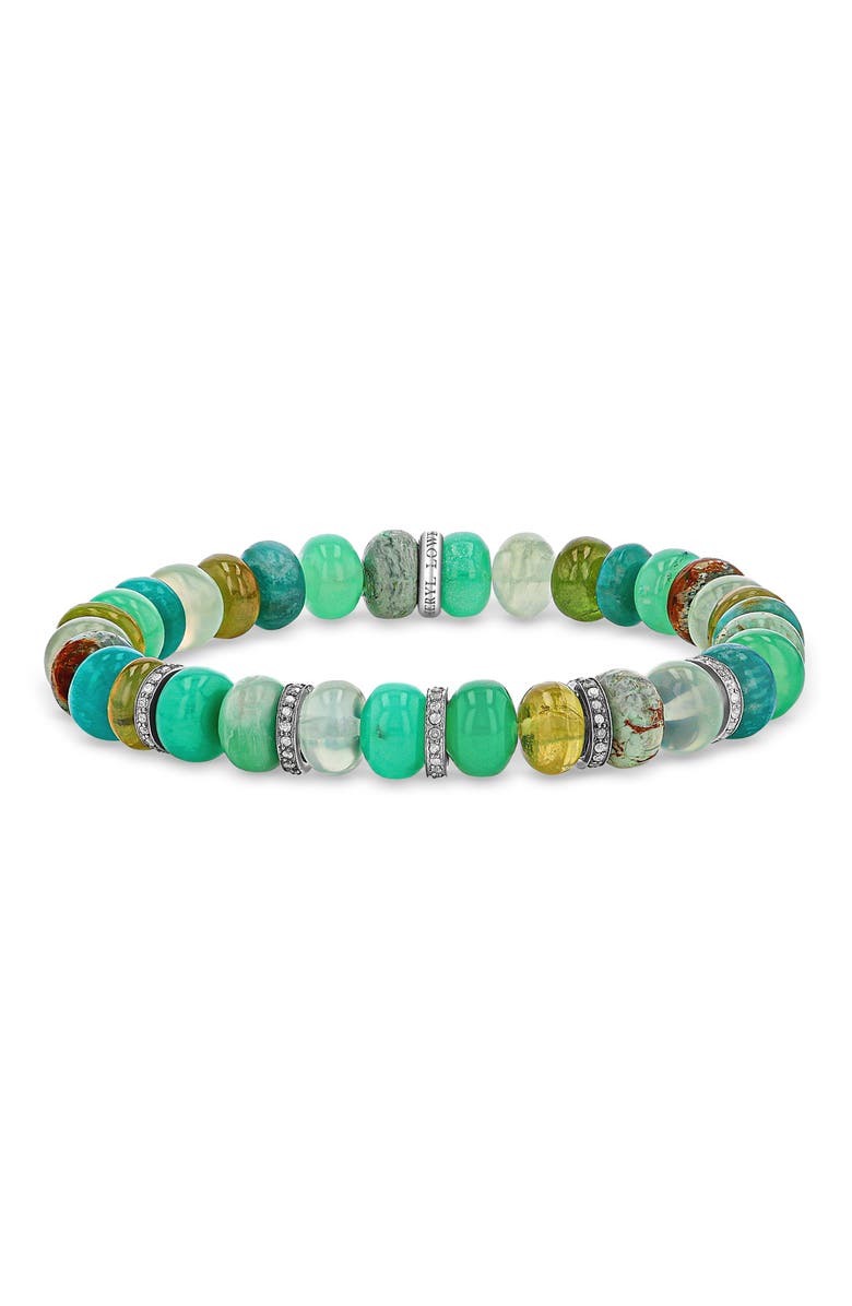 Sheryl Lowe Green Mix 8mm Bead Bracelet with Five Diamond Rondelles, Main, color, Green Mix / Sterling Silver