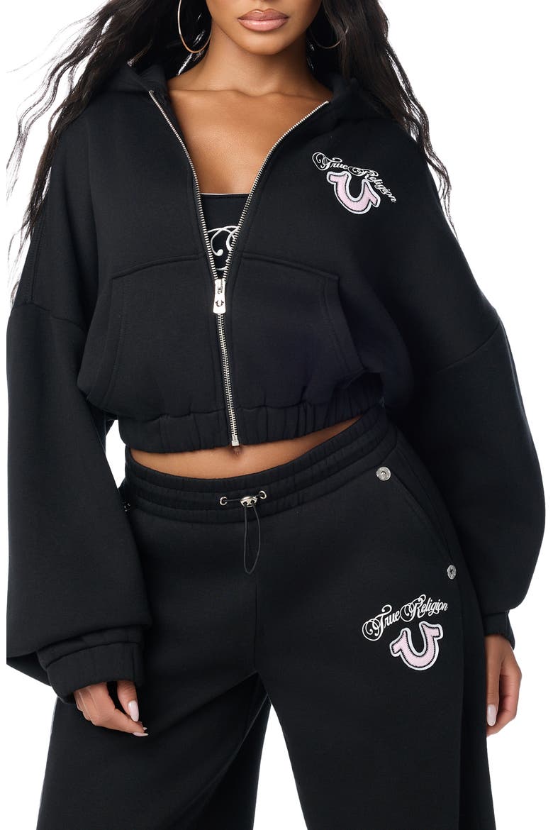 Applique Cropped Full Zip Hoodie, Main, color, JET BLACK
