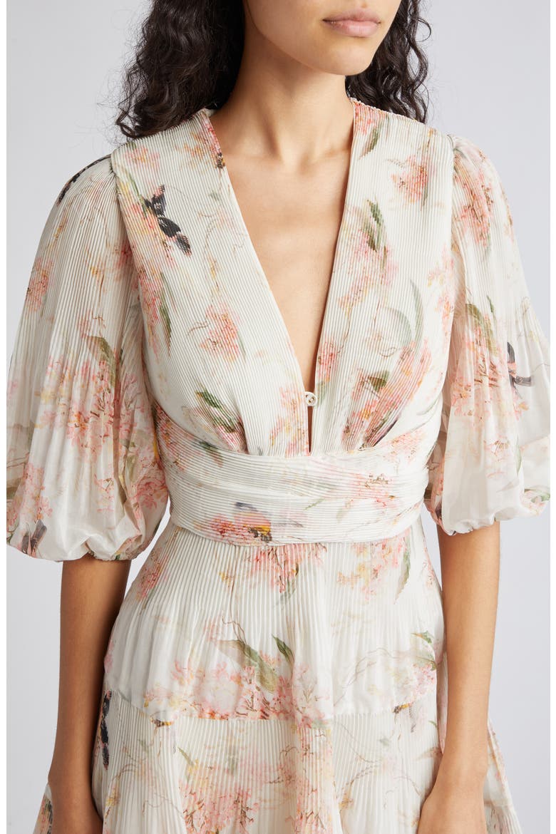 Floral Plissé Fit & Flare Dress, Alternate, color, CORAL BIRDS