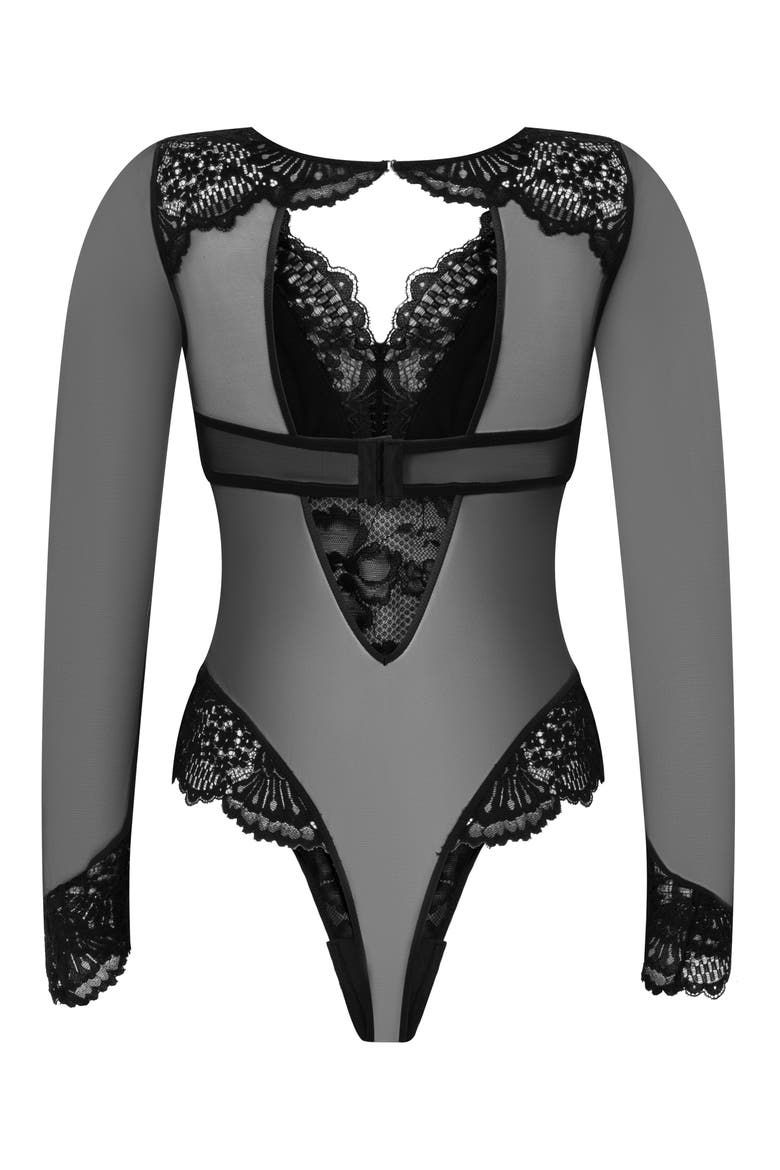 Essie Long Sleeve Mesh & Lace Teddy, Alternate, color, CAVIAR