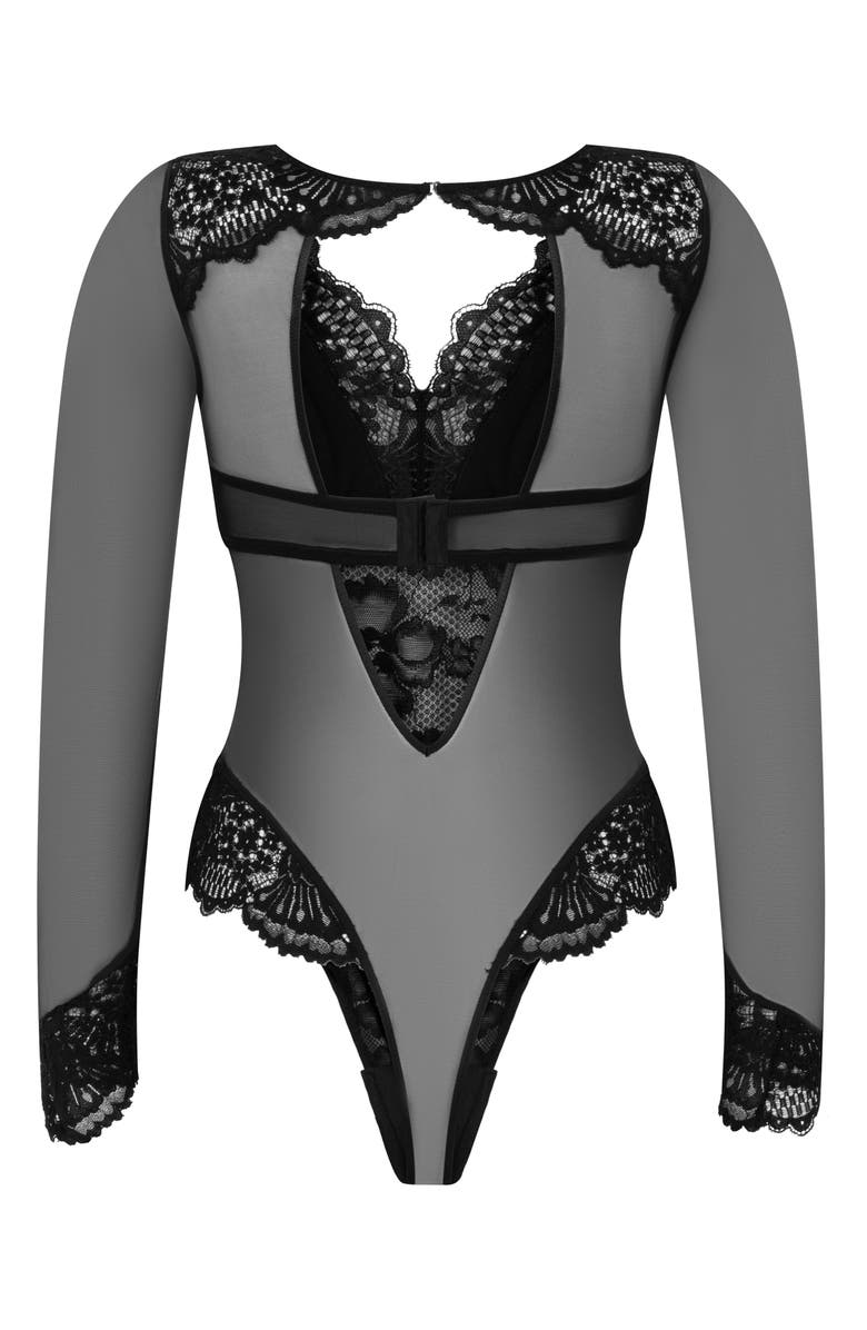 Hunkemöller Essie Long Sleeve Mesh & Lace Teddy, Alternate, color, Caviar