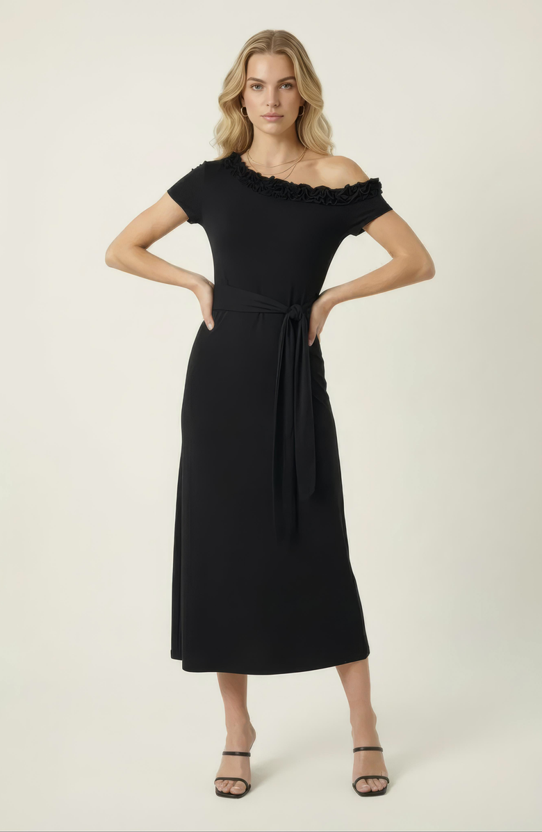 Modenaire One Shoulder Midi Dress, Alternate, color, Black