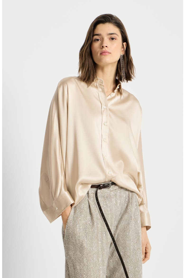 Stretch silk satin shirt with monili, Alternate, color, Sand