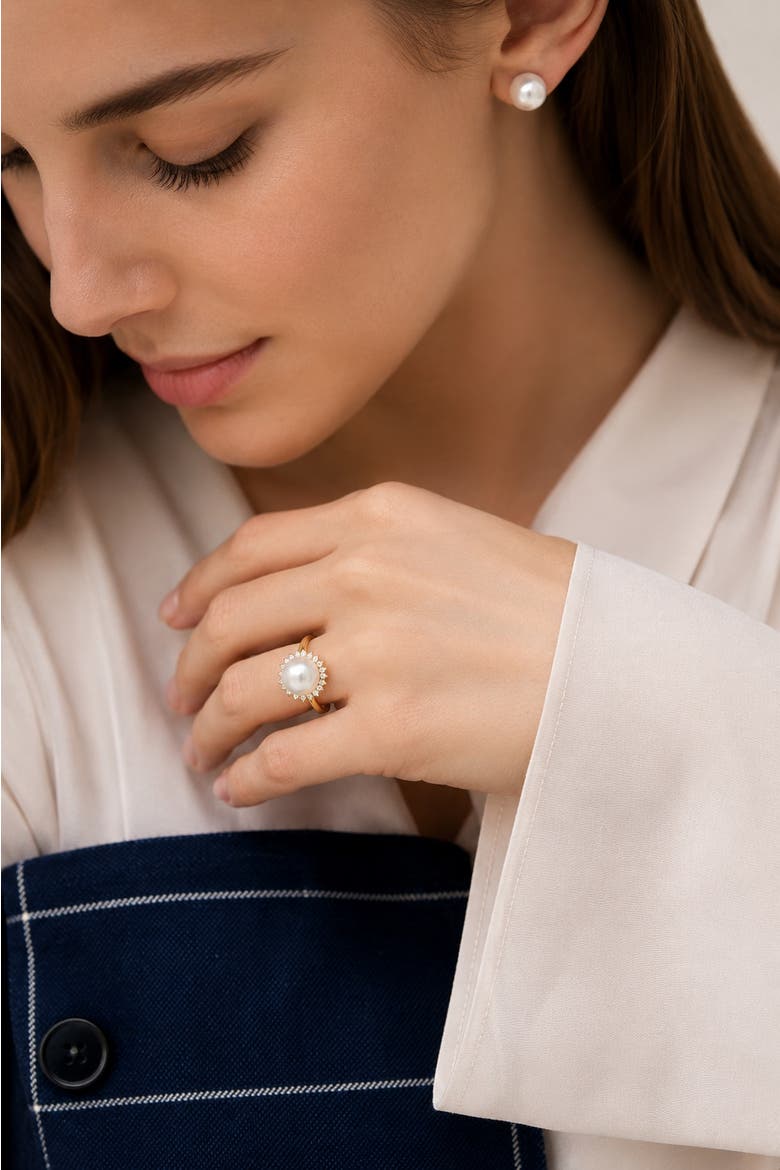 Freshwater Pearl & Diamond Sage Ring, Alternate, color, Yellow Gold