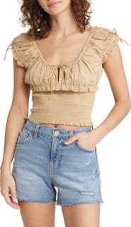 BDG Urban Outfitters Nova U-Neck Smocked Waist Cotton Top