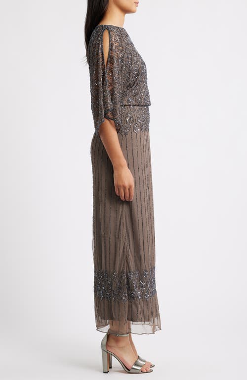 Pisarro Nights Beaded Blouson Split Sleeve Gown In Silver
