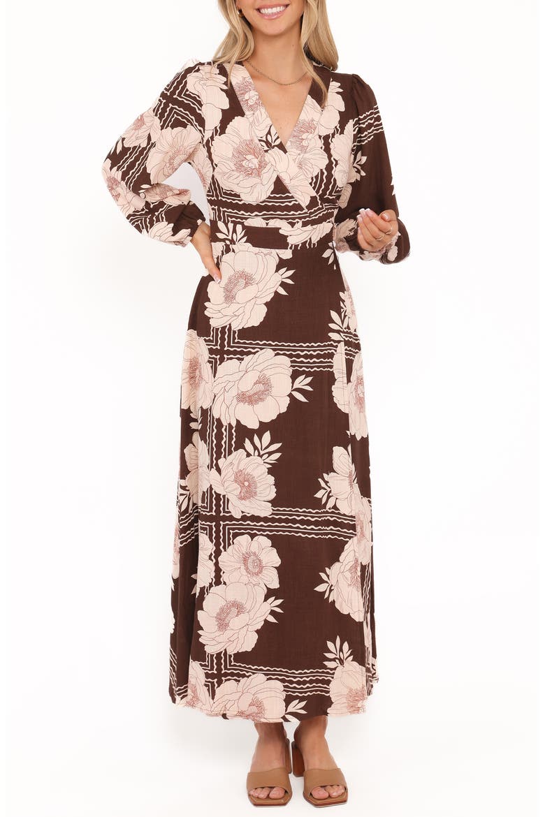Safia Faux Wrap Midi Dress, Alternate, color, BROWN FLORAL