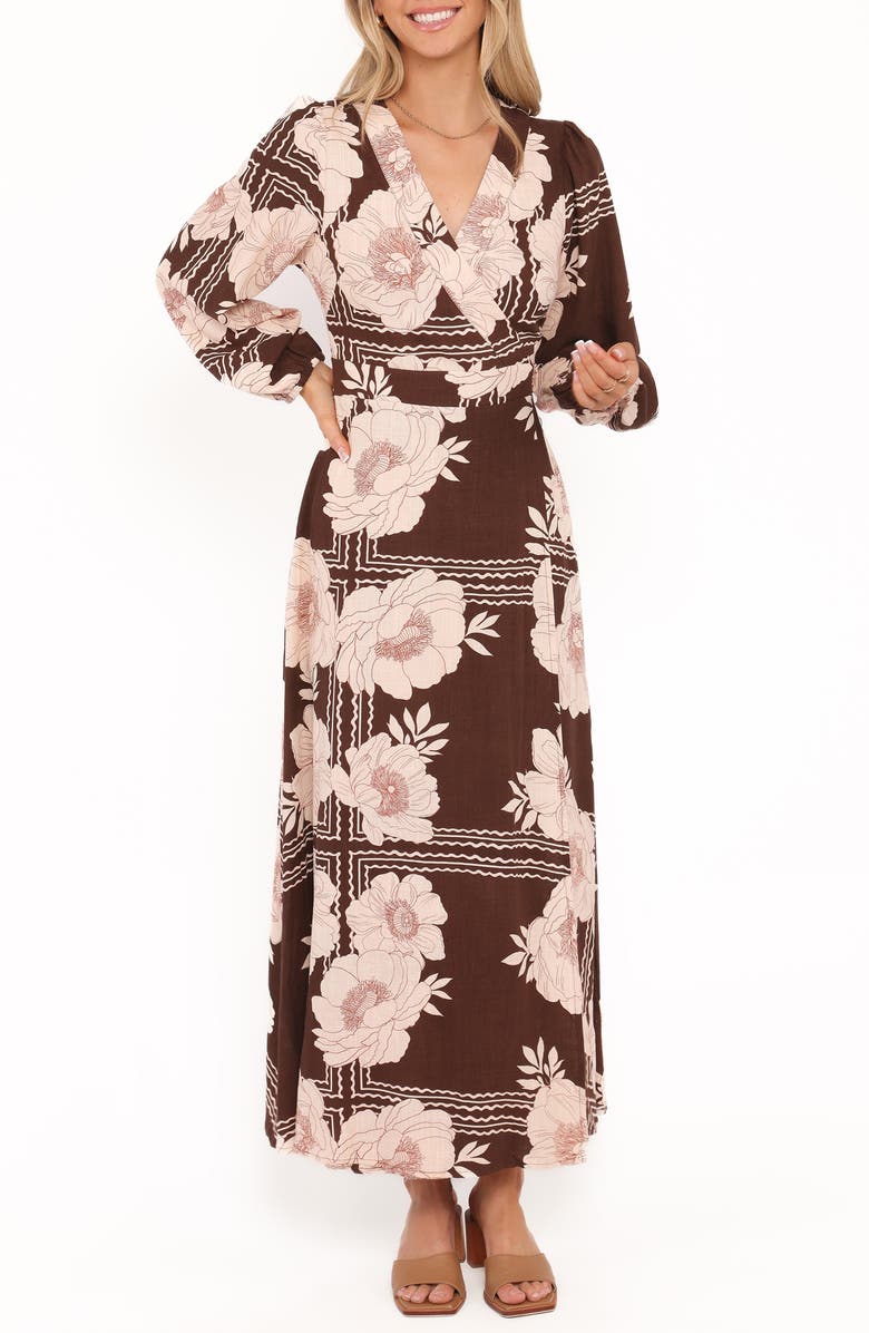 Petal & Pup Safia Faux Wrap Midi Dress, Alternate, color, Brown Floral