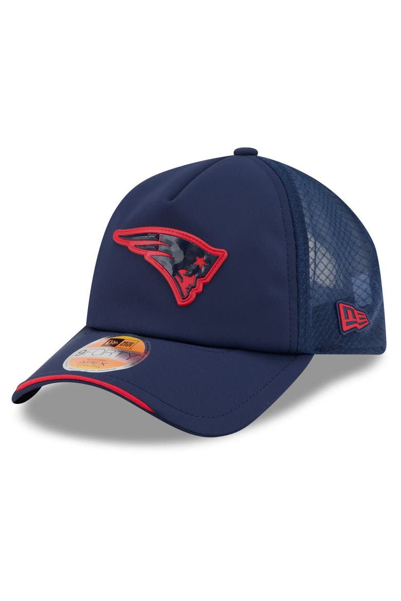 Men's New Era Navy New England Patriots 2026 Sideline Apex 9FORTY Adjustable Trucker Hat, Main, color, Navy