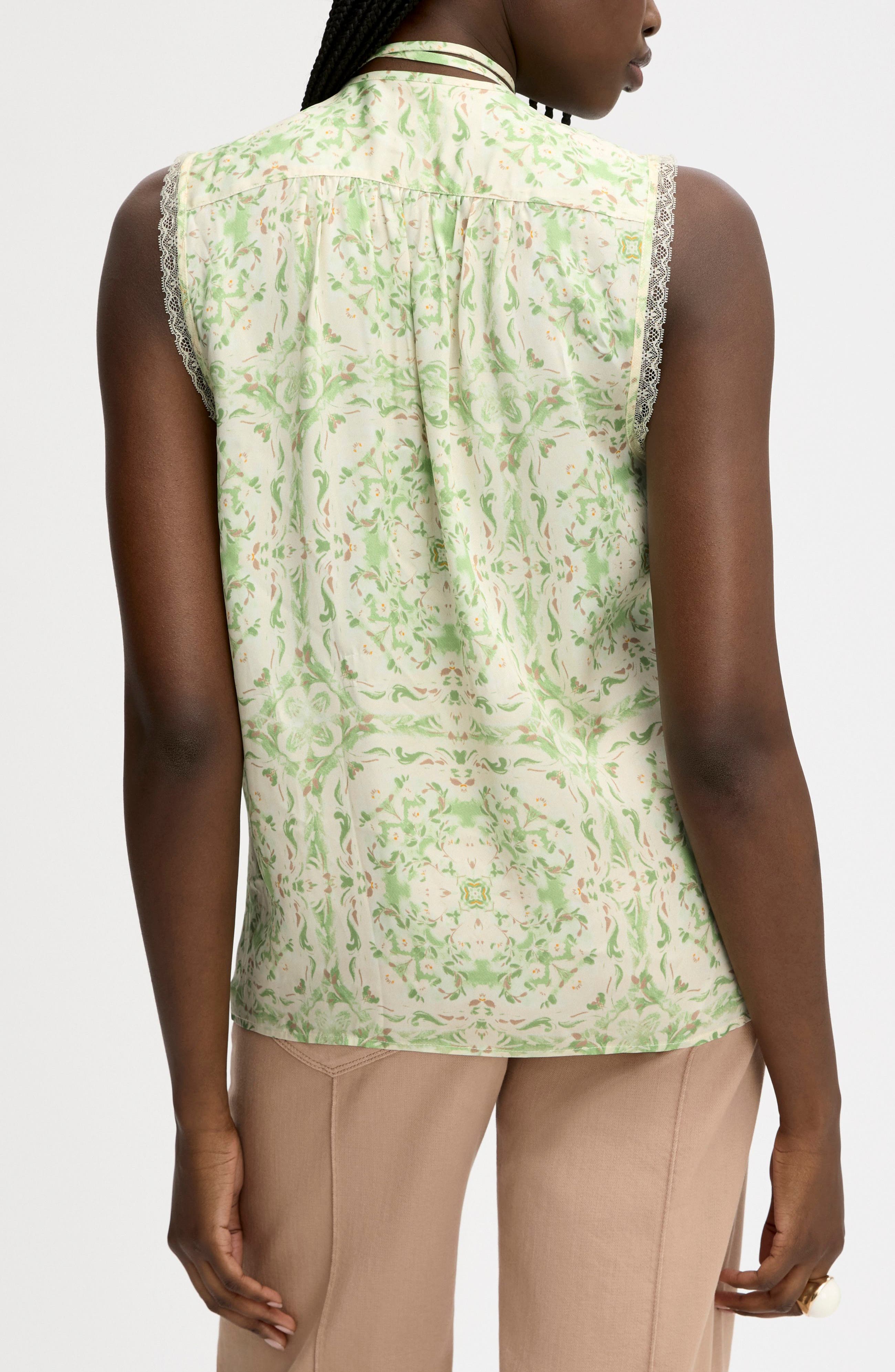 Floral Lace Trim Tie Neck Top - image 2