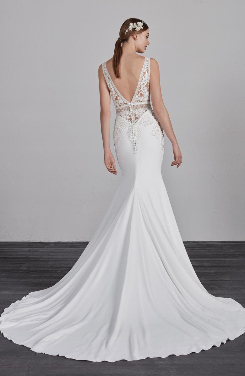 Pronovias Emily Beaded Mermaid Wedding Dress, Alternate, color, 