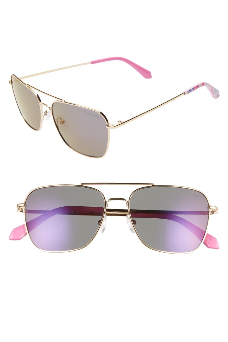Kate 55mm Aviator Sunglasses, Main, color, SHINY GOLD/ LAVENDAR