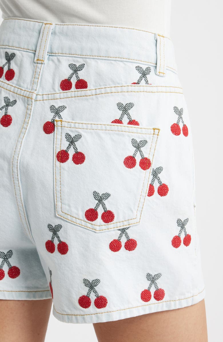 FARM Rio Cherry Embroidered High Waist Denim Shorts, Alternate, color, Denim