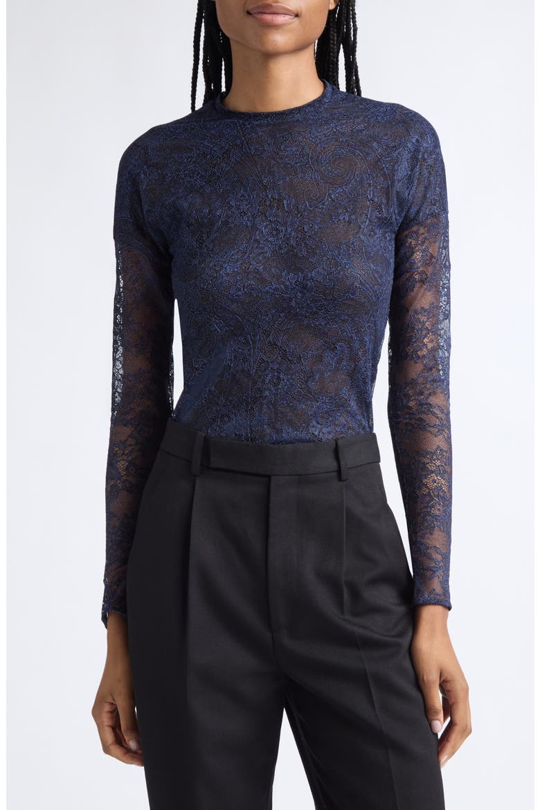 Long Sleeve Stretch Lace Top, Main, color, BLUE PRINT 3